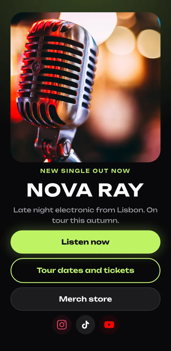 Afterglow template: a dark page for a musician with listen and tour buttons