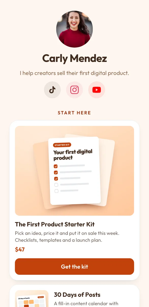 Creator Store template: a creator page selling a digital product