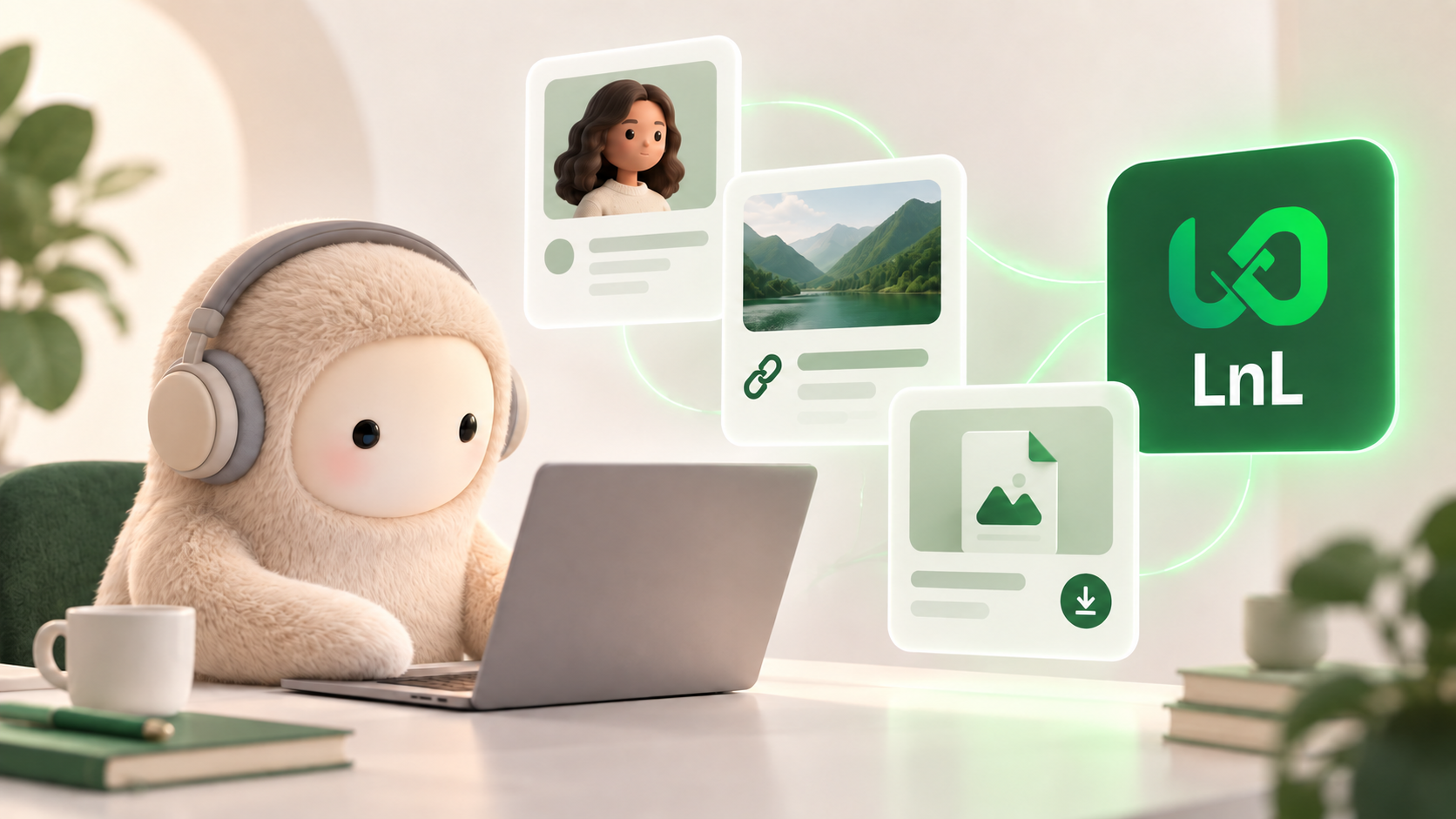 Muse's small headphone-wearing agent exploring creator pages and digital products beside the LinksOnLink logo