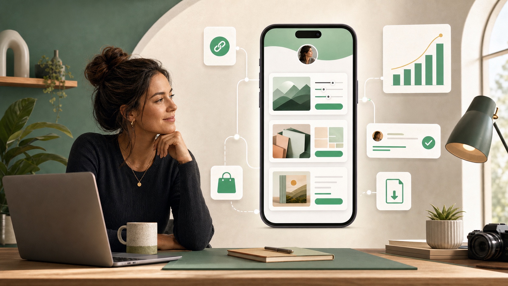 Creator at a desk beside a phone storefront and connected sales analytics cards