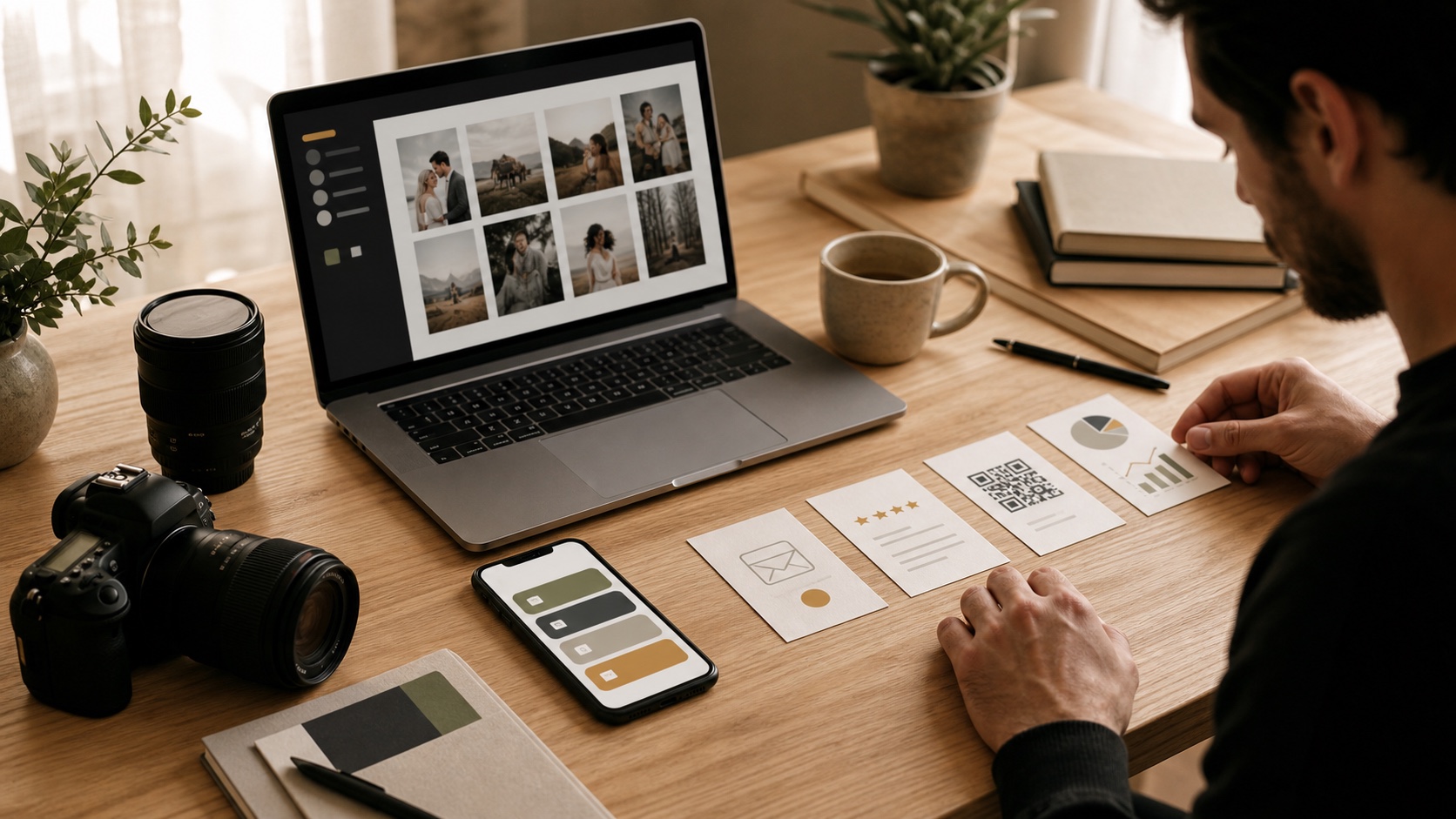 Photographer organizing portfolio, booking, newsletter, review, QR code, and analytics cards beside a camera and phone