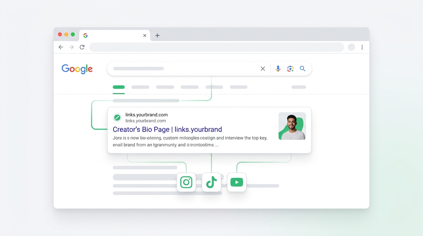 Google search result showing a creator's bio page on their own domain