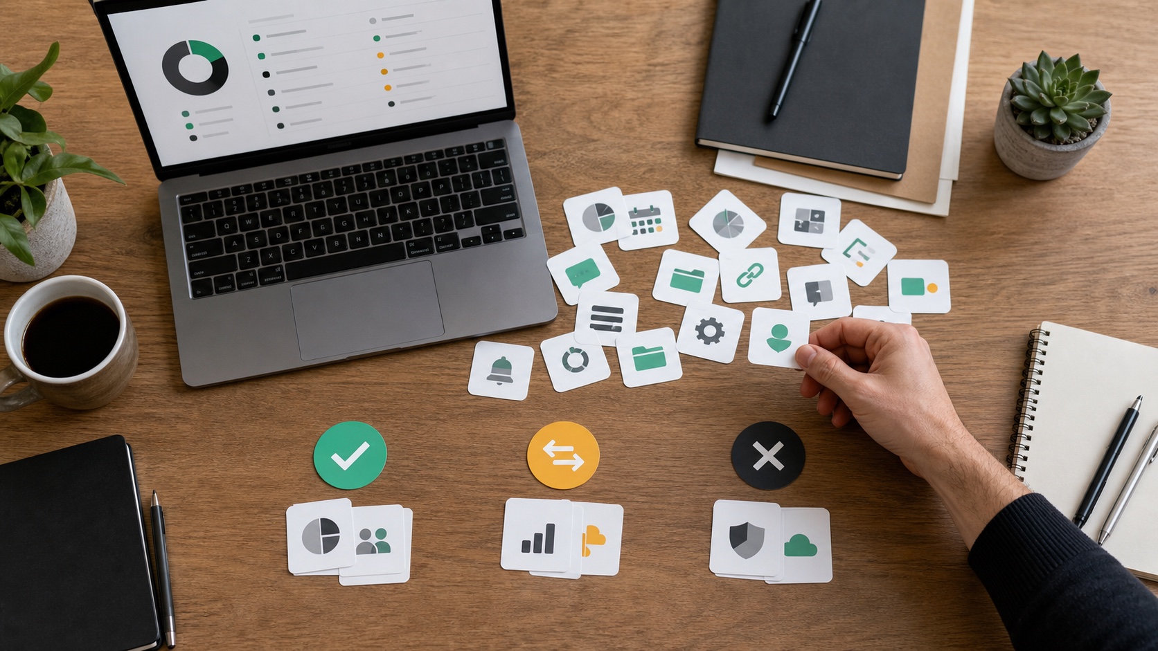 Creator sorting a crowded collection of software tools into keep replace and cancel groups