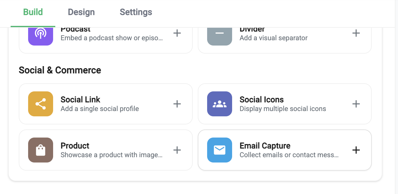 The element palette in the page builder showing the Email Capture card under Social & Commerce