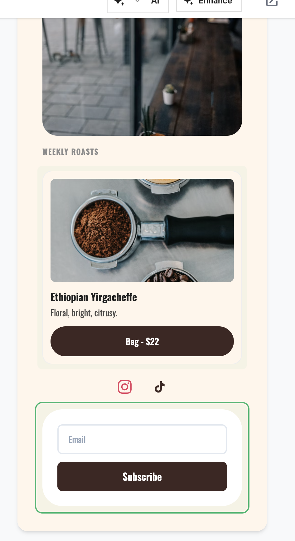A live bio page with a product card and inline email capture form