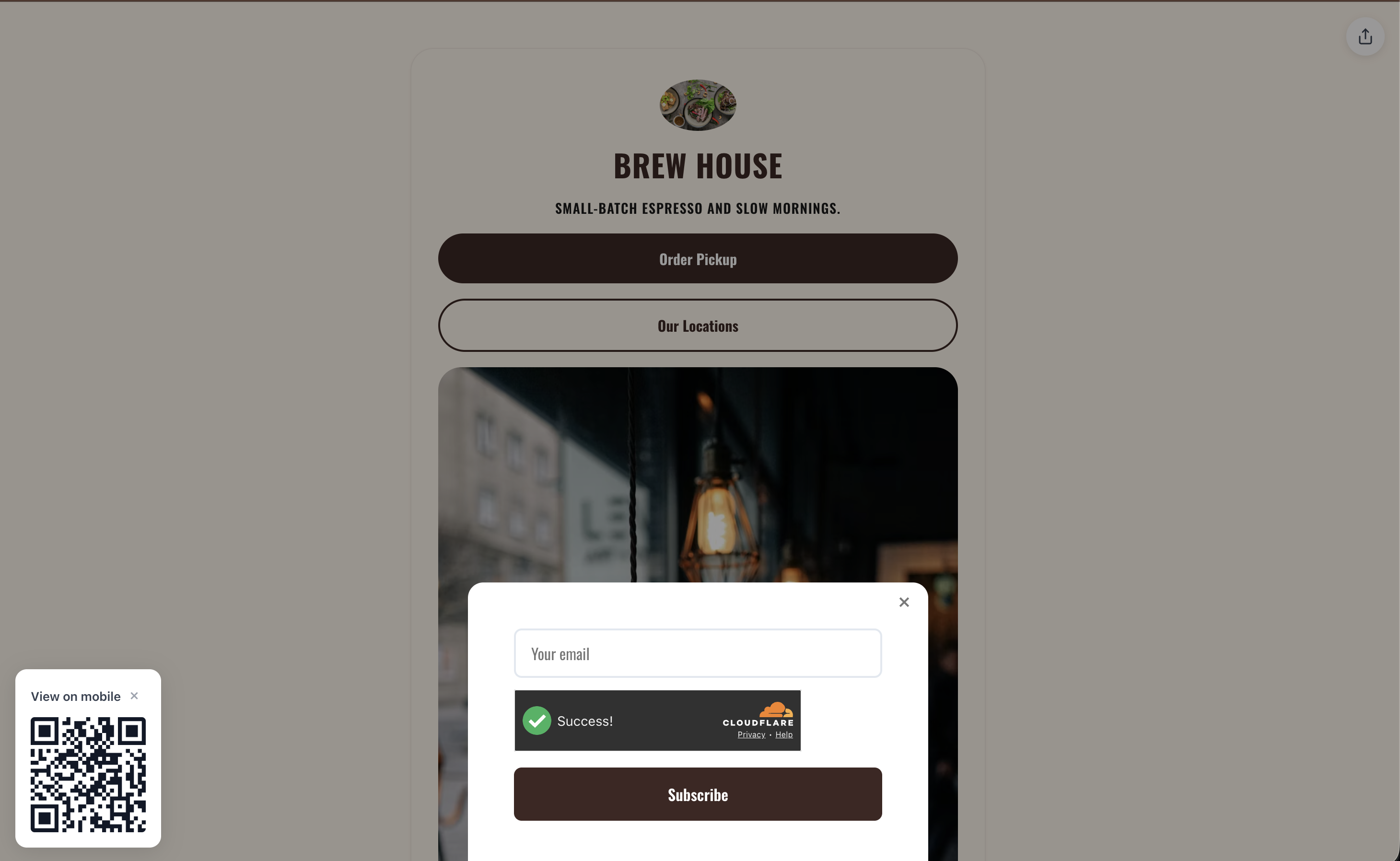 Popup email capture form on a live bio page with Turnstile verification