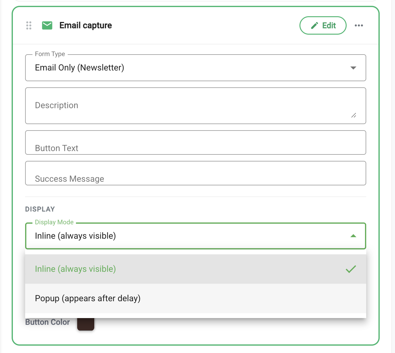 Email capture settings panel — form type, description, button text, display mode (inline or popup)