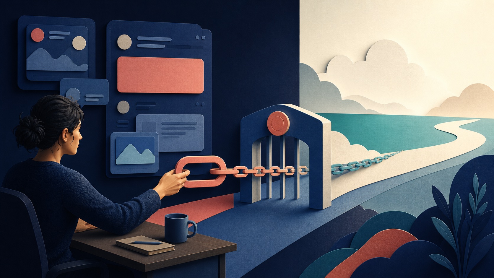 Creator guiding an external link through a narrow platform gate toward the open web