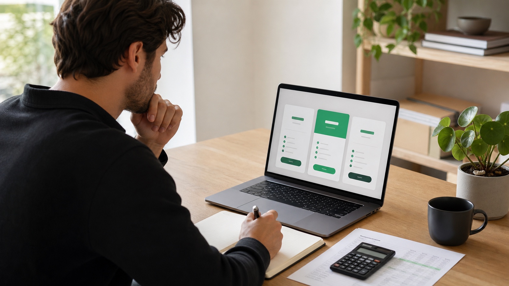 Creator comparing digital product prices beside a storefront dashboard