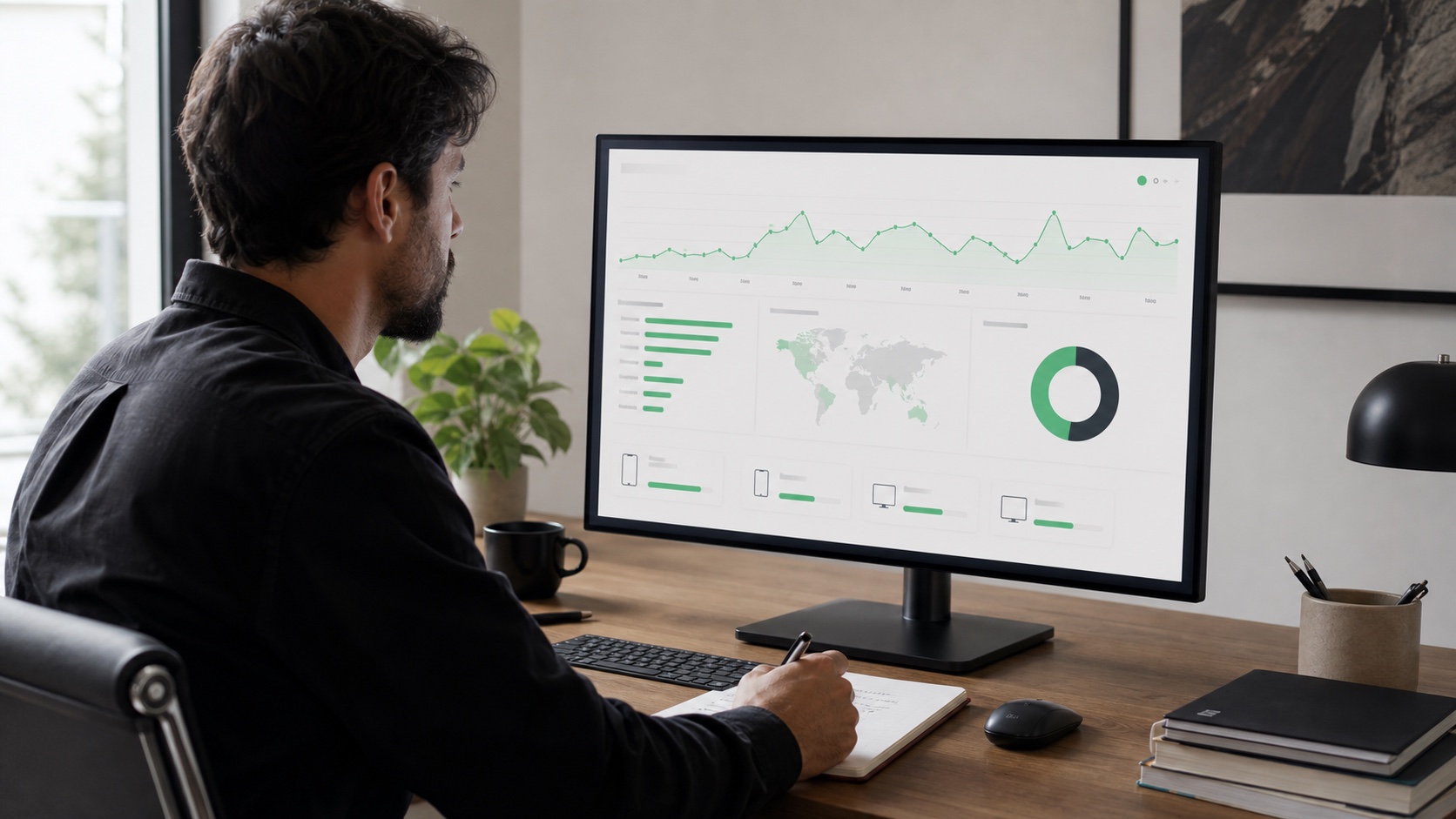Creator reviewing a clear link analytics dashboard with charts and traffic sources