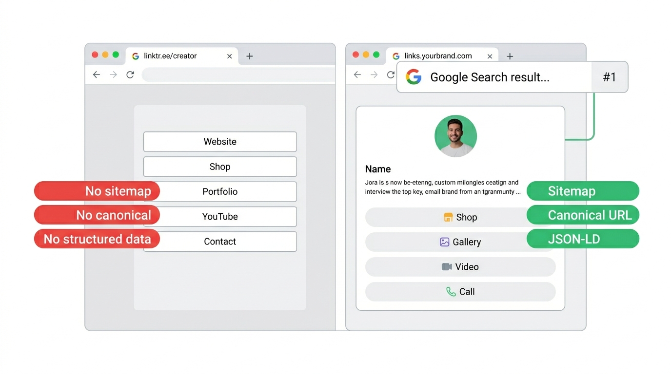 Comparison of bio page SEO — missing signals vs full optimization