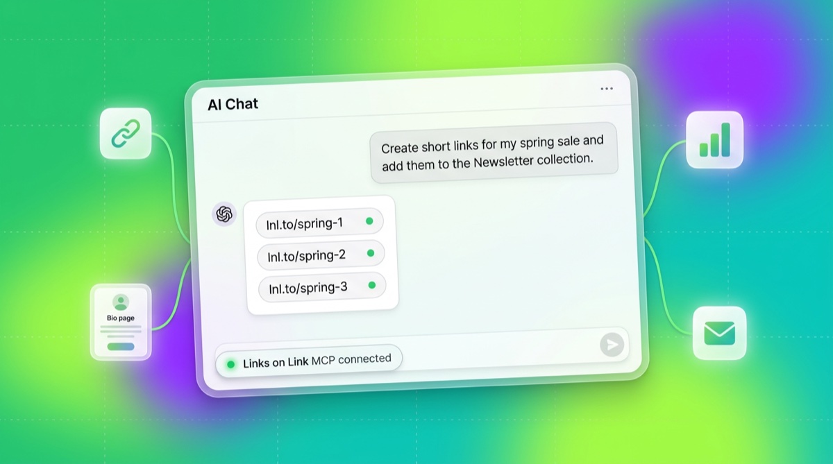 A chat window with Claude creating Links on Link shortlinks and bio page edits in response to plain-English prompts