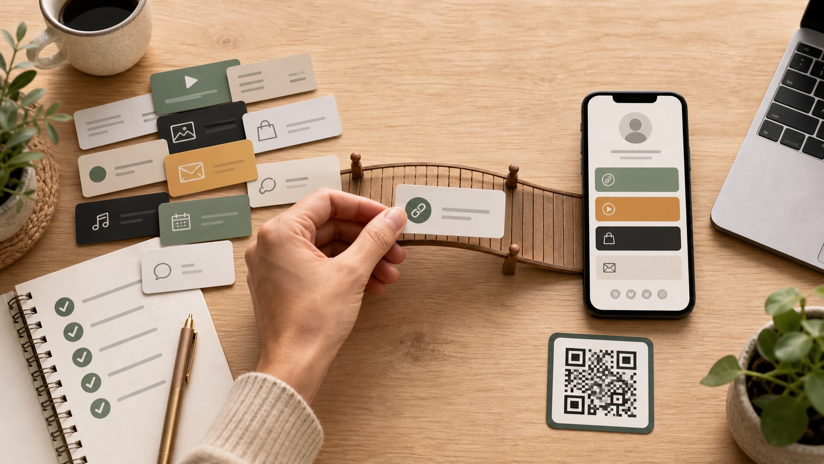 Creator moving a tested link card across a small bridge from a crowded setup to one clean mobile bio page