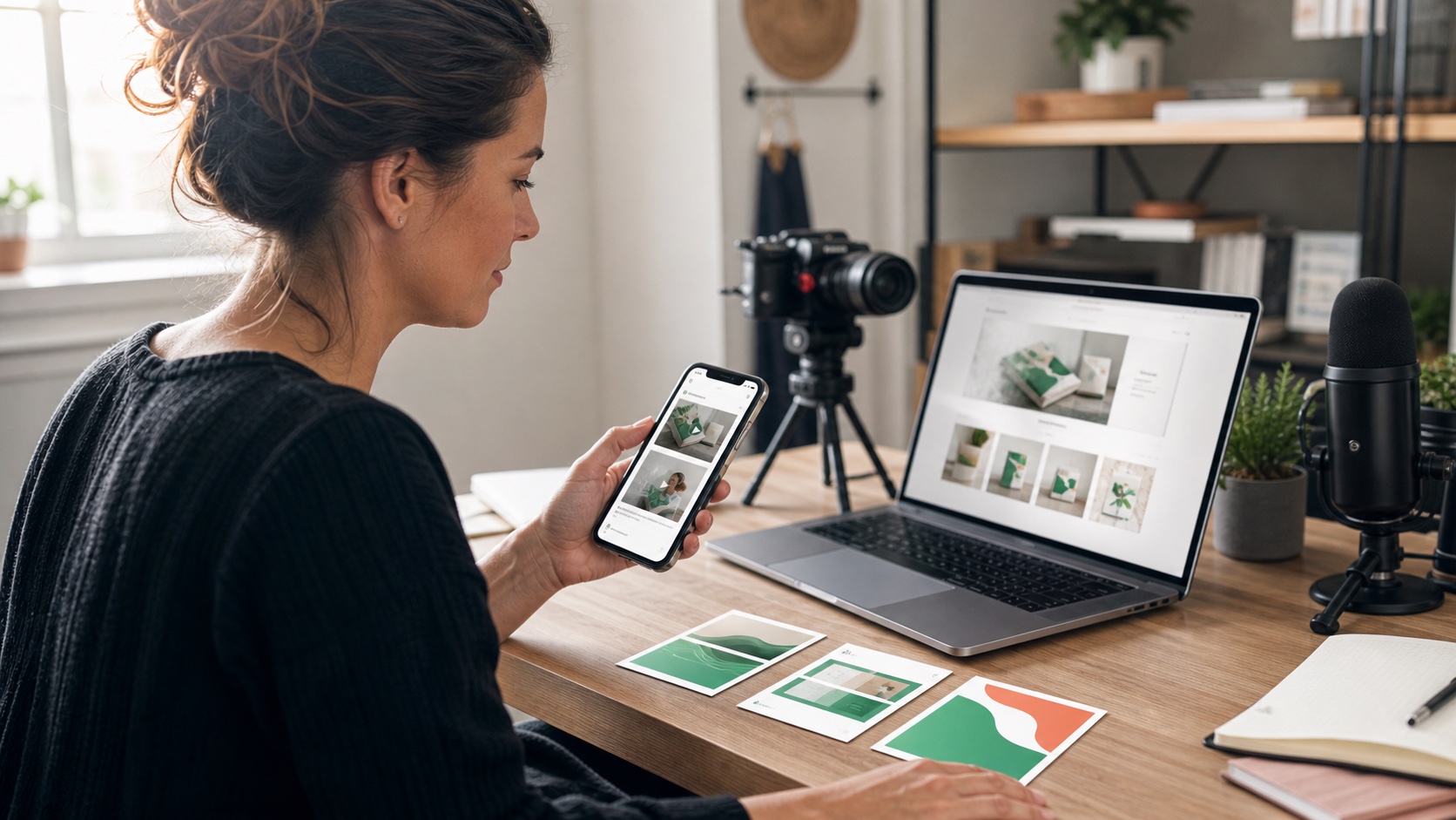 Creator preparing digital downloads for customers across three social channels
